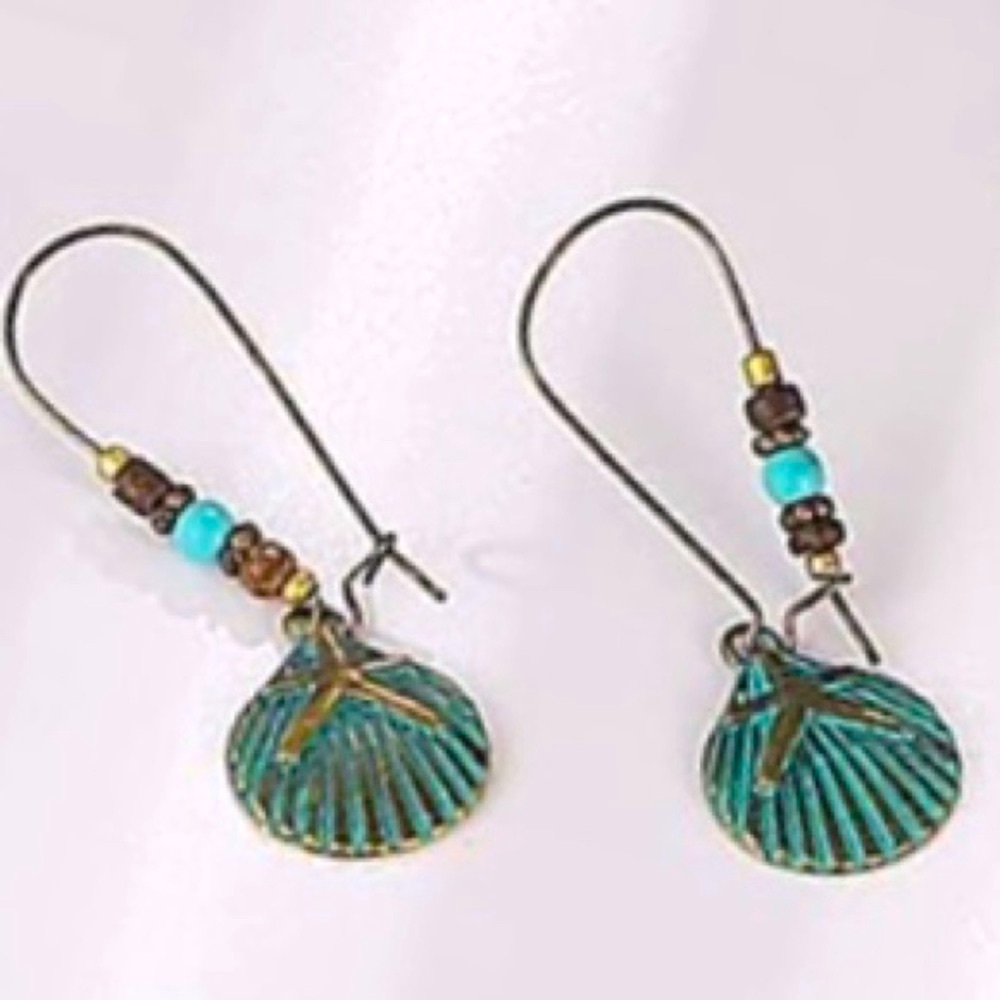 Seashell Earrings Turquoise Bronze Seashell Starfish Dangling Beaded Earrings - Picture 5 of 10